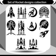 Diverse collection showcasing space travel designs of rockets and spaceships, perfect for icons, stickers, or creative projects.