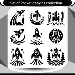 Explore a set of minimalist rocket graphics ideal for aerospace, technology ventures, and space exploration branding projects or playful creative designs.