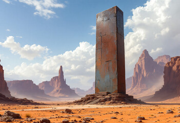 iron monolith with desert

