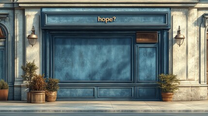 A closed and boarded-up shop window with graffiti saying “hope?”