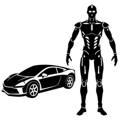 black silhouette of a car and robot 