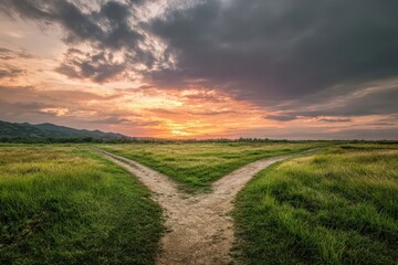A crossroads with two paths diverging, representing the choice between a new beginning and a traditional route, set in a green meadow under a cloudy sunset sky.