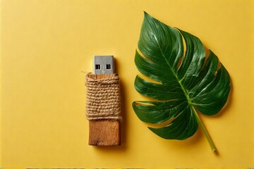 Wooden USB Drive with Jute Tag and Tropical Leaf on Yellow Background