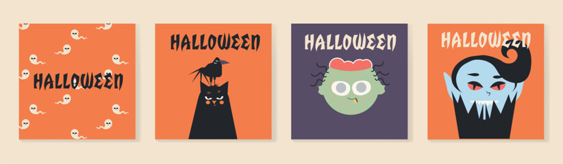 Happy Halloween. Set of cute and bright Vector flat cartoon cards with cute characters, ghosts. Trendy flat design for decoration, ads, greetings, banner, poster, cover, print