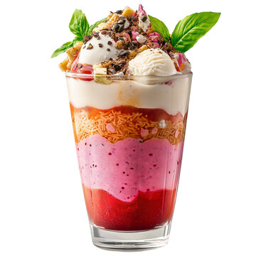 Vibrant glass of falooda dessert drink with vermicelli, basil seeds, ice cream, and rose syrup