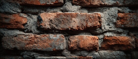 Weathered red bricks stacked together form a textured wall, embodying rustic charm and history.