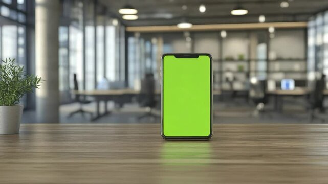 Smartphone with green screen on wooden desk in modern office.