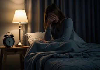 Woman sitting on bed with hand on face next to alarm clock and lamp in dimly lit bedroom at night
