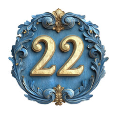 Ornate Blue And Gold Number Twenty-Two Emblem On Transparent Background