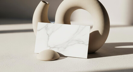 Minimalist marble business card invitation mockup with decorative objects  
