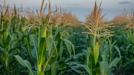 Obraz premium Golden hour sunlight illuminates a lush cornfield with detailed stalks and leaves