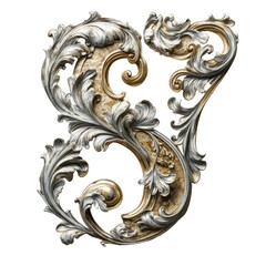 Ornate Gilded Letter Against Transparent Background Featuring Floral And Foliate Baroque Design With Silver And Gold Tones