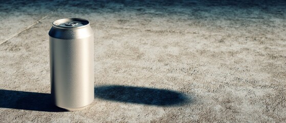 A solitary aluminum can casts a distinct shadow on sunlit concrete, emphasizing the interplay between light, shadow, and minimal design.