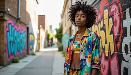 A woman standing in an alleyway with colorful graffiti on the walls, wearing a vibrant floral jacket and yellow top. - Generic AI Image