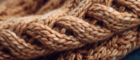 Close-up of intricately woven brown knit fabric, highlighting textures and craftsmanship.