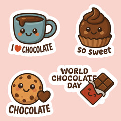 World Chocolate Day Sticker Pack – Cute Dessert Vector Set with Cupcake, Mug, Cookie

