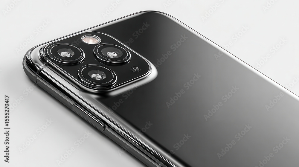 Poster close up of the back of a gray mobile telephone with a camera array on a white surface