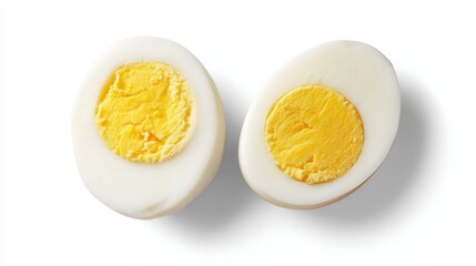 Halved hard boiled egg displaying golden yolk and tender white against pristine surface, representing nutritious protein rich food preparation