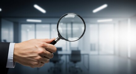 Hand Holding Magnifying Glass in Modern Office