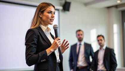 A woman in a business suit speaking into a microphone at a conference with two men in the background. - Generic AI Image