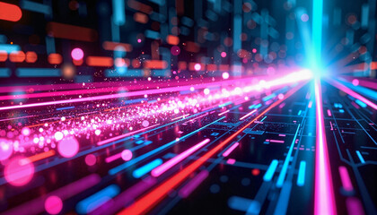 A futuristic digital data stream with bright lights and abstract shapes representing advanced technology. - Generic AI Image