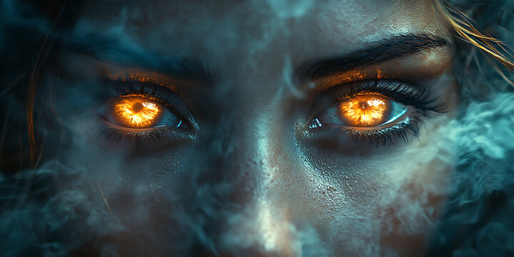Intense gaze of a woman with glowing orange eyes surrounded by ethereal smoke and mysterious shadows with digital fantasy art style
