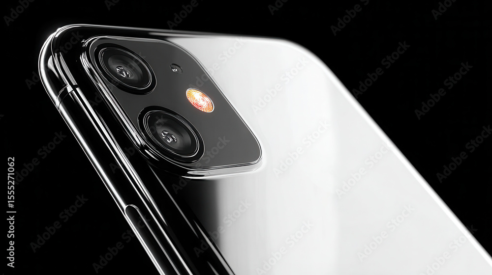 Poster close up of the back of a gray mobile telephone with a camera array on a white surface
