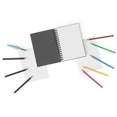 Colorful pencils, pens, markers and spiral notebook arranged on clean white background – perfect...