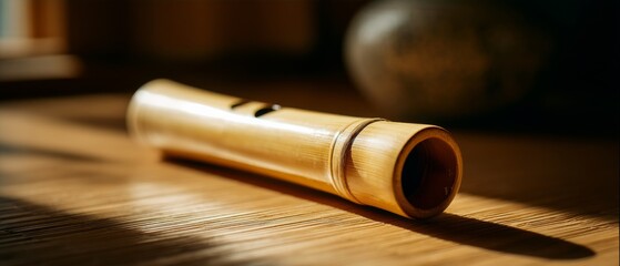 A beautifully carved wooden flute rests in golden sunlight, casting a warm glow and celebrating the art of traditional musical craft.