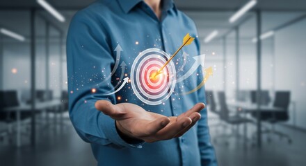 Businessman Presenting Target with Arrow, Success Concept, Office Background, Digital Illustration.
