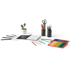 Colorful pencils, pens, markers and spiral notebook arranged on clean white background – perfect...