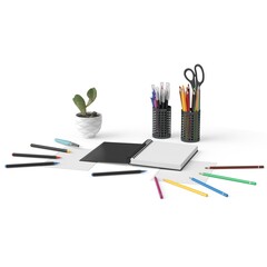 Colorful pencils, pens, markers and spiral notebook arranged on clean white background – perfect...