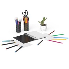 Colorful pencils, pens, markers and spiral notebook arranged on clean white background – perfect...