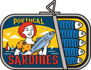 Vintage Portugal Sardine Can Illustration Colorful flat vector illustration of a sardine can with a cheerful woman holding a fish on the label. 