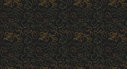 A playful dance of abstract forms in muted earth tones on a dark background, creating a calming and mysterious atmosphere.