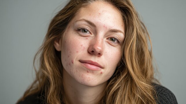 Bare faced caucasian woman revealing red pimples and acne scars, celebrating unfiltered skin texture and natural facial appearance
