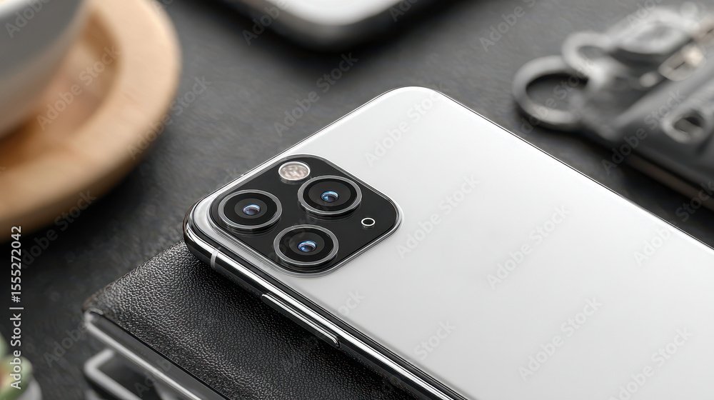 Poster close up of the back of a gray mobile telephone with a camera array on a white surface