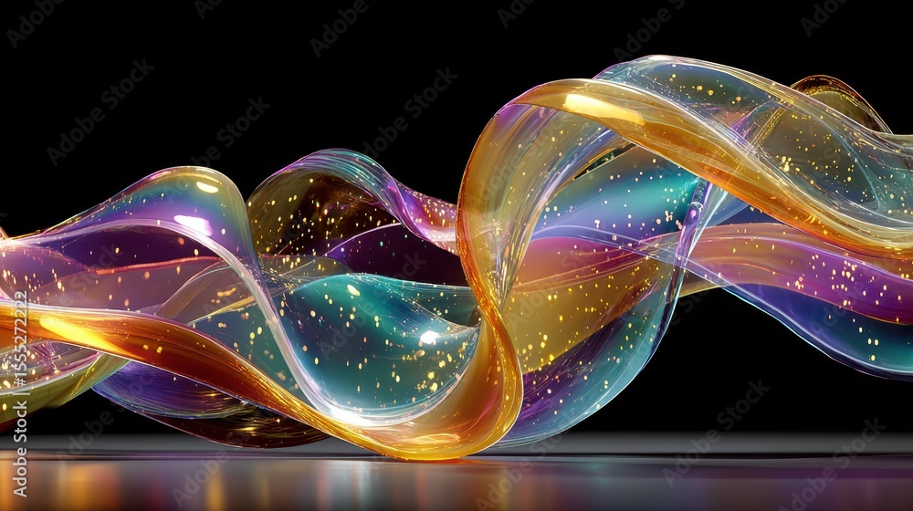 Poster glassy iridescent ribbon flows in dynamic shape on a dark surface with scattered light