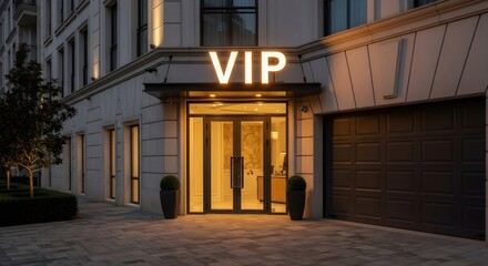 Luxury building entrance with illuminated VIP sign. Exclusive access to premium residential or commercial property for esteemed guests. Upscale urban architecture.