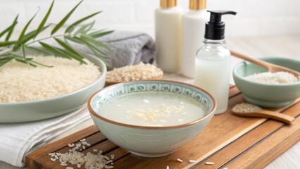 rice water skincare natural toner for skin and hair care Eco cosmetics Flat lay