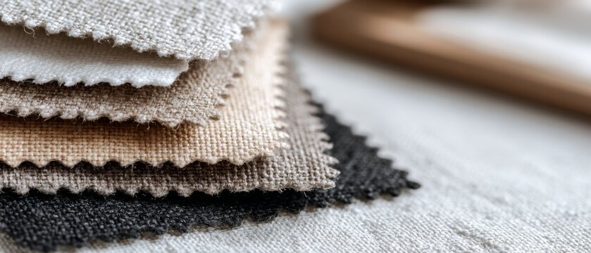 A textile display of varied fabric swatches in neutral tones, elegantly arrayed upon a textured surface, showcases subtlety and sophisticated design.