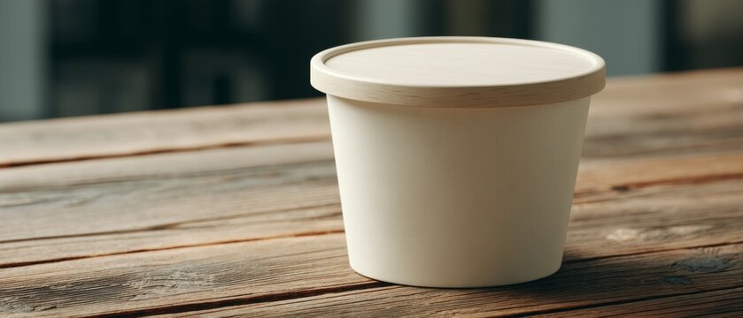 A sturdy, compostable paper bowl with a lid stands ready for eco-friendly meals, placed against rustic wooden backdrop.