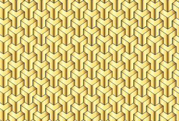Seamless yellow geometric pattern with 3D hexagonal cubes, creating an optical illusion of depth. Modern, vibrant, and suitable for wallpapers or textiles