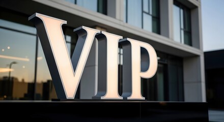 Obraz premium Large VIP sign glowing on a modern building facade. Exclusive access and premium service concept. Entrance to a luxury hotel or club.