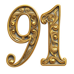 Ornate Gold Number 91 Isolated On Transparent Background For Decorative Use