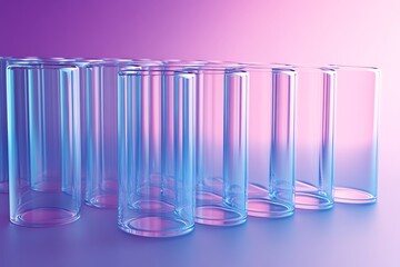 Row of clear glass cylinders with blue and pink gradient lighting