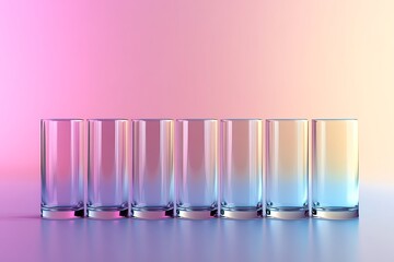 Row of empty transparent glasses with iridescent colorful reflections on a gradient background