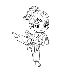 Cute cartoon girl in karate uniform performing a high kick isolated on transparent background
