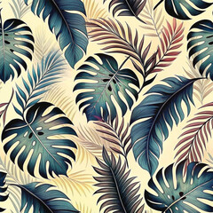 Tropical leaves pattern in vibrant colors on light background  