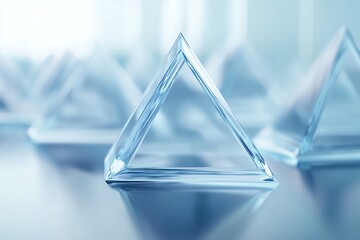 Abstract geometric composition of clear glass pyramids with soft blue light and reflections